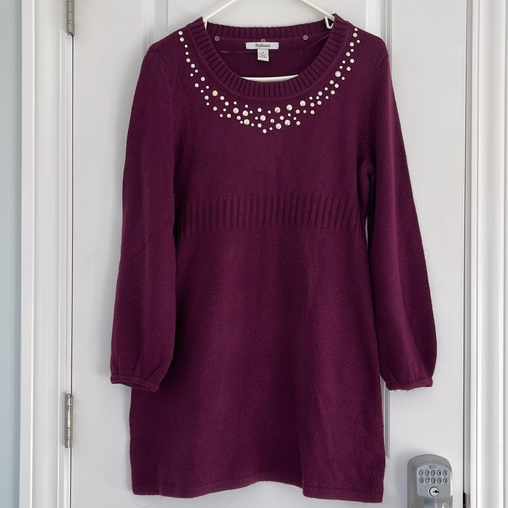 Magenta Puff Sleeve, Flowy Studded Sweater Dress